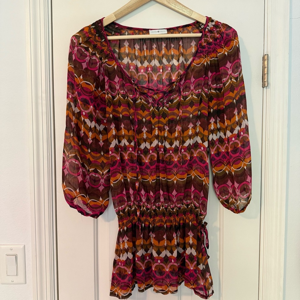 Pink and Red Smocked Blouse with Relaxed Tunic Sleeves